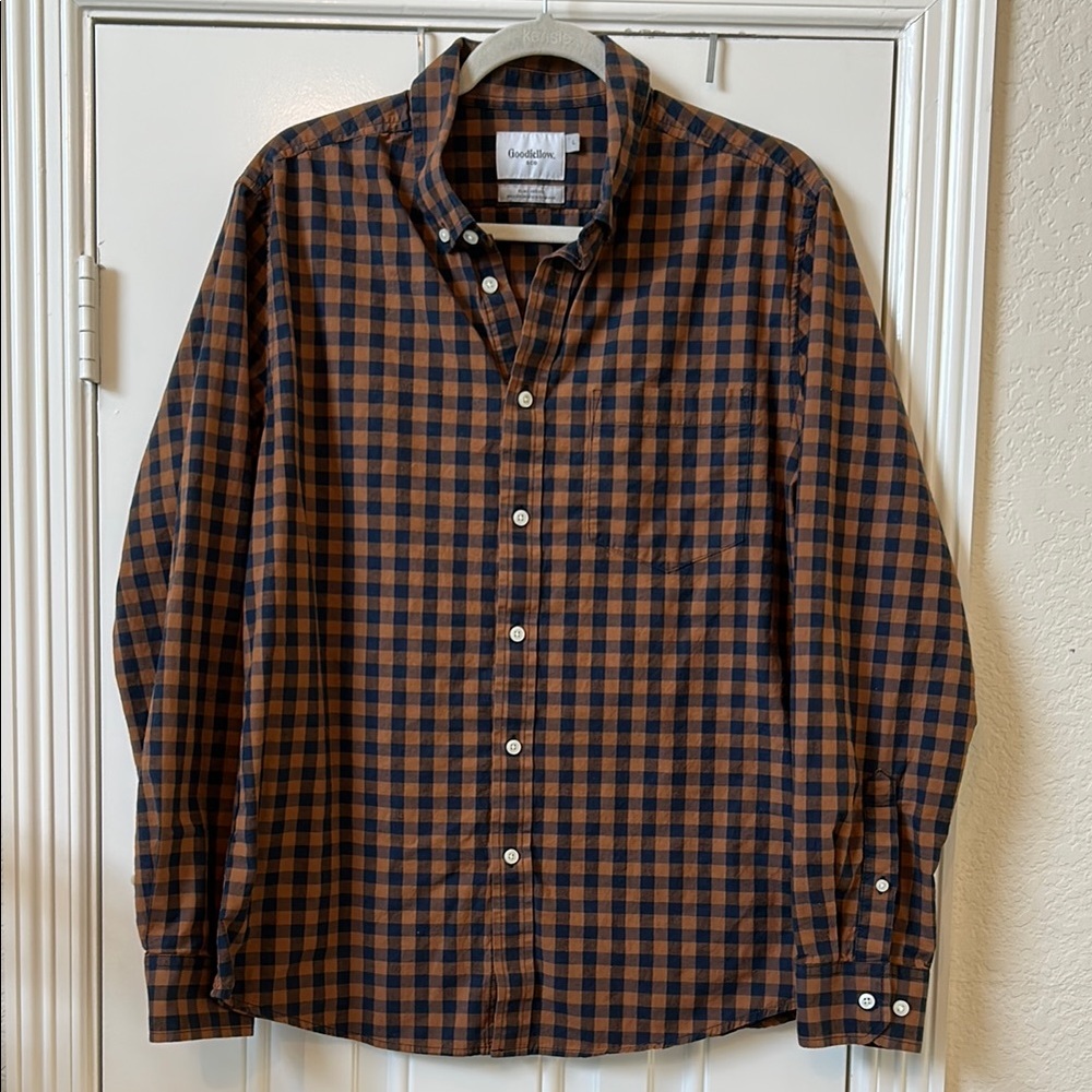 Goodfellow & Co Men Plaid Button Down Shirt Large Blue Orange Gingham slim fit